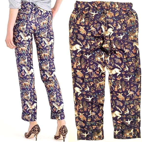 JCREW DRAKES London Trouser Pant Unicorn Dog Rabbit Bird Silk Pajama Navy Blue 0 - Picture 10 of 16